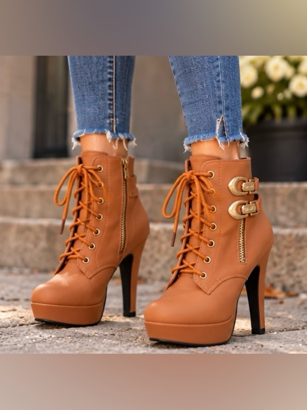 Cognac Lace Up Platform High Heel Ankle Booties Leopard Lining Size 230